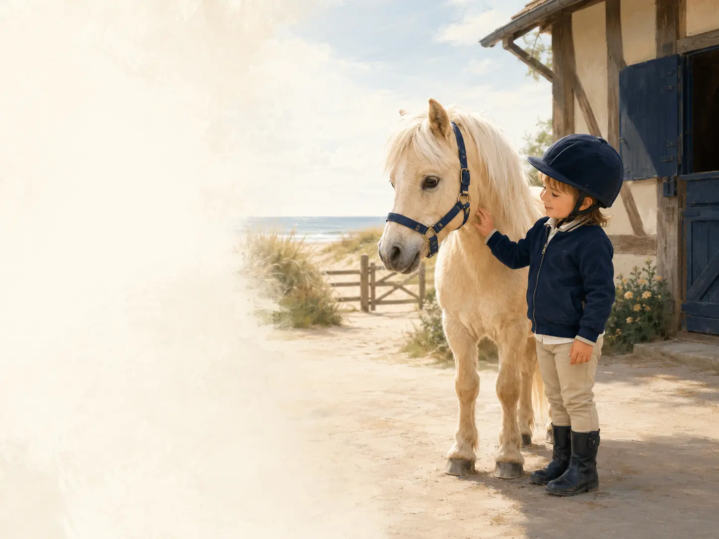 Un jeune enfant découvre un poney avec douceur